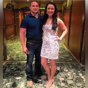 White & silver strapless sequin dress